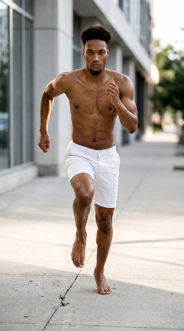 A shirtless, muscular man with a beard running barefoot on a concrete sidewalk in an urban setting, wearing only white shorts.