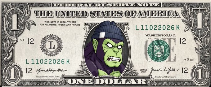 A US one-dollar bill digitally edited to feature a green-skinned character wearing a beanie in the central portrait, labeled 'GREENLOAN'.