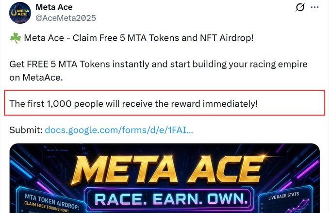 A Twitter/X post by "Meta Ace" (@AceMeta2025) advertises a free airdrop of 5 MTA tokens and an NFT, highlighting in a red box that "The first 1,000 people will receive the reward immediately!" with a Google Forms link for sign-up, matching the accompanying text about the MetaACE FCFS 1,000-person airdrop offering 5 MTA tokens and 1 NFT.