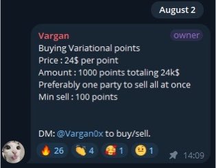 Telegram message dated August 2 from user 'Vargan' advertising the purchase of Variational points at 24¢ per point, totaling 24k$ for 1000 points, with contact handle @VarganOx.