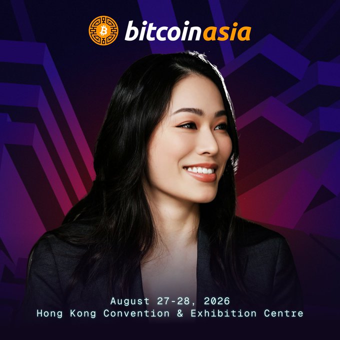 A promotional graphic for 'Bitcoin Asia' conference featuring a smiling Asian woman, with event details 'August 27-28, 2026' at 'Hong Kong Convention & Exhibition Centre' against a purple geometric background.