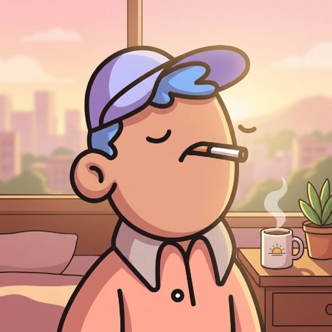 A cartoon illustration of a character wearing a purple cap smoking a cigarette, with a steaming mug and potted plant visible in a room with a city skyline at sunset.