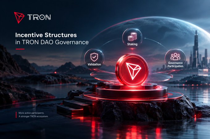 A dark TRON promotional graphic titled 'Incentive Structures in TRON DAO Governance', showing a glowing red TRON emblem on a pedestal connected to floating icons labeled 'Staking', 'Validation', and 'Governance Participation', with text reading 'More active participants. A stronger TRON ecosystem.'