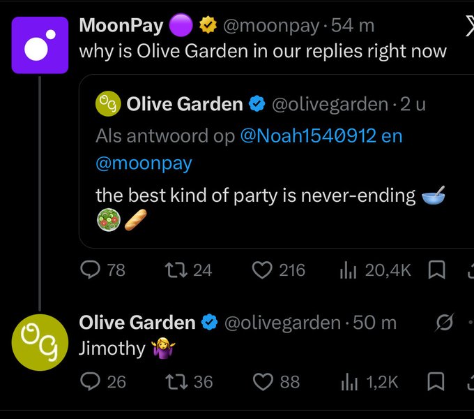 A screenshot of an X post where MoonPay asks 'why is Olive Garden in our replies right now', showing replies from Olive Garden, including 'Jimothy' and a post about 'never-ending' salad and breadsticks.