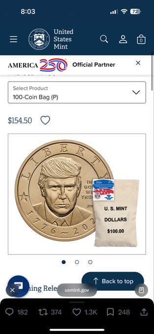 A mobile screenshot from usmint.gov showing the United States Mint 'America 250 Official Partner' page, featuring a $100 coin bag priced at $154.50 with a commemorative coin displaying Donald Trump's likeness.