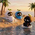 A cute illustration of three small robot-like creatures (white, blue, and black) sitting together on a beach with palm trees and ocean in the background.
