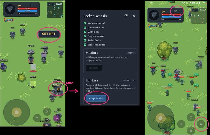 The image shows three screenshots from the Gable Guardians game: the left screen displays a "GET NFT" button highlighted on the gameplay map, the middle shows the "Seeker Genesis" mission panel with Mission 1 completed and an "Accept mission" button highlighted for Mission 2, and the right screen shows the game after completing the missions with the character at Level 2. These visuals illustrate the steps for connecting a SeedVault wallet and minting a first badge NFT as described in the accompanying post about Seeker Summer.