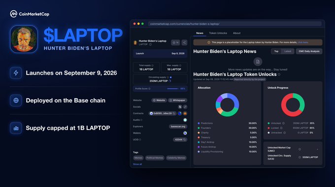 The image shows a CoinMarketCap page for "$LAPTOP" (Hunter Biden's Laptop), a token launching on September 9, 2026, deployed on the Base chain with a supply capped at 1B LAPTOP. The dashboard displays an 86% Profile Score, along with allocation breakdowns and vesting/unlock progress charts, directly illustrating the profile verification and launch details mentioned in the accompanying post.
