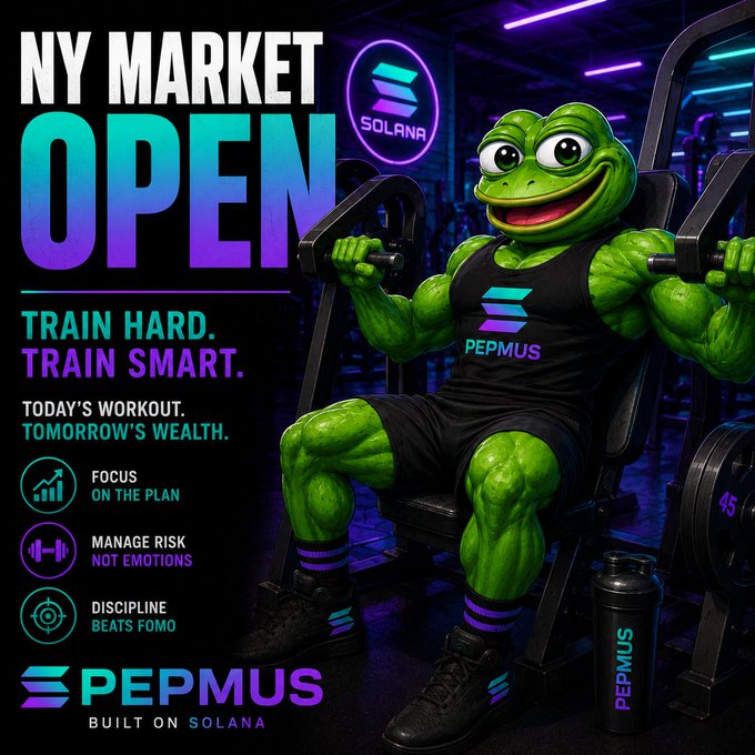 The image features a green frog mascot sitting on a weight bench, surrounded by various workout equipment such as dumbbells and a barbell. The text in the image promotes the idea of training hard and smart, emphasizing consistency and discipline rather than relying solely on ego or FOMO (fear of missing out). The post also mentions Bitcoin and Solana, possibly referring to cryptocurrency and blockchain technology, which could be related to fitness tracking or payment systems for gym memberships.