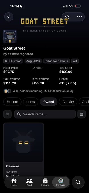 A mobile app screenshot for 'Goat Street' on the Robinhood Chain, showing a Floor Price of $97.75, 24H Volume of $155.2K, and 4.1K holders including TMA420 and Veyanidyy.