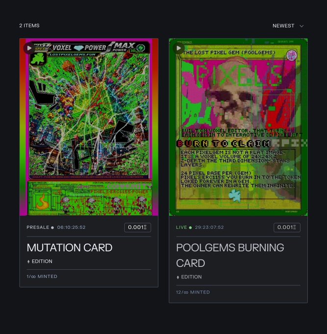 A digital collectible marketplace displaying two items: a 'Mutation Card' (presale, 0.001 ETH) and a 'Poolgems Burning Card' (live, 0.001 ETH), featuring glitchy pixel art designs.