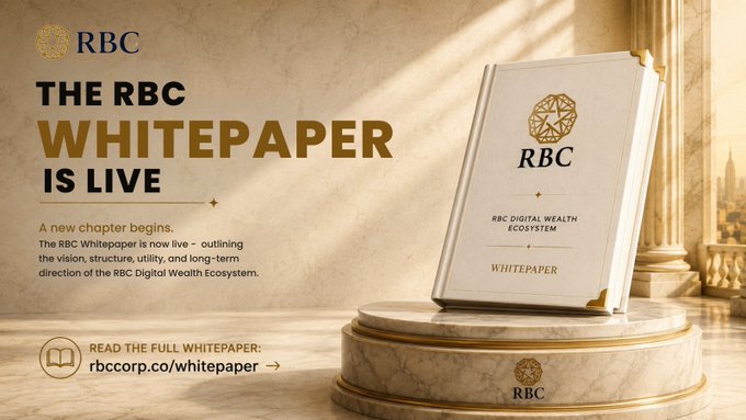The RBC Whitepaper for the RBC Digital Wealth Ecosystem is now live, as indicated by the image of the whitepaper document and the text "THE RBC WHITEPAPER IS LIVE." The whitepaper is available at rbccorp.co/whitepaper.