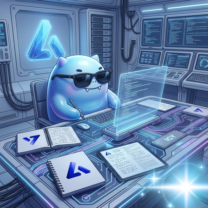 A cute, round blue character wearing sunglasses sits at a futuristic workstation coding on a holographic screen, surrounded by servers, monitors, and notebooks featuring the "A" Acepyr logo. The image visually represents "Icy" hard at work behind the scenes, embodying the post's message of scaling and evolving the Acepyr project.

Visible text includes: "ICY" on a device, the Acepyr "A" logo on notebooks and a wall emblem, and "@acepyr" referenced in the post.