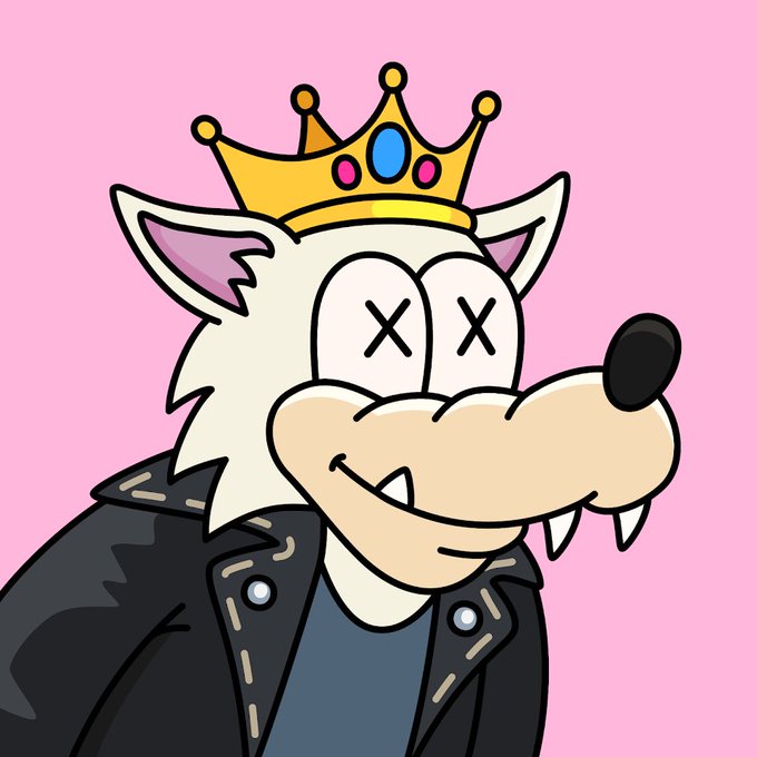 A cartoon illustration of a white wolf-like character wearing a black leather jacket, spiked collar, and a jeweled crown, with X's for eyes against a pink background.
