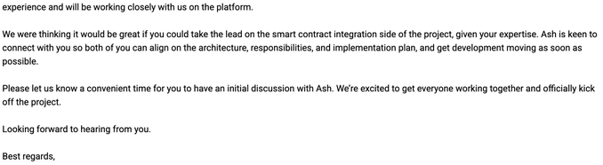 A business email excerpt asking a colleague to lead smart contract integration, mentioning coordination with Ash and excitement to officially kick off the project.