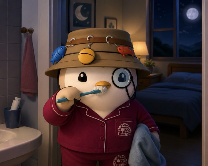 A cute penguin character in pajamas and a fishing-hat-with-lures stands brushing its teeth in a moonlit bedroom. The whimsical image playfully mirrors the post's point about the cost of experimentation—if building a chain is expensive like a routine bedtime ritual, people will only stick to the safest, most familiar ideas.