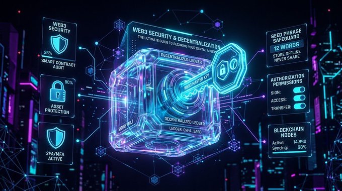A neon-lit cyberpunk dashboard titled "WEB3 SECURITY & DECENTRALIZATION: THE ULTIMATE GUIDE TO SECURE YOUR DIGITAL ASSET" displays critical security metrics including 25% Web3 Security, 80% Asset Protection, 2FA/MFA Active, 12-Word Seed Phrase Safeguard, and a master key vault labeled "DECENTRALIZED LEDGER" with node sync at 99%. The image visually reinforces the post's message about Web3 self-custody—showcasing the very tools (master keys, seed phrases, authorization permissions) that put users in control of their assets, while simultaneously highlighting the responsibility of securing them without centralized oversight.