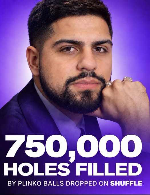 A promotional graphic features a bearded man in a purple suit with text reading '750,000 HOLES FILLED BY PLINKO BALLS DROPPED ON SHUFFLE.'