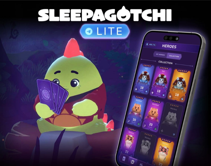 The image features an advertisement for a video game called "Sleeping Pogchi" that includes a cell phone displaying the game's interface, along with a small green dinosaur character holding a deck of cards. The text on the screen reads "Sleeping Pogchi O'LITE", and there are several images of characters from the game displayed in the background.