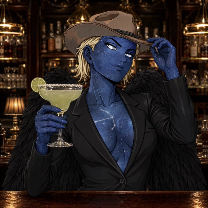 Anime-style illustration of a blue, starry-skinned celestial figure with blonde hair, wearing a cowboy hat and black blazer with fur collar, holding a margarita at a bar.