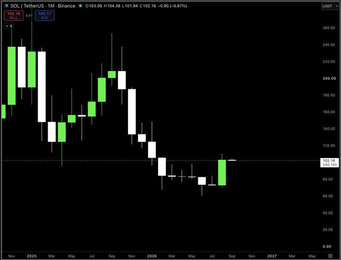 A monthly candlestick chart of SOL/TetherUS on Binance shows the price recovering from lows around $60-80 to $102.16 (down 0.87%), with the latest large green candle engulfing approximately six preceding red months—visually confirming the post's claim of SOL's first bullish monthly candle in 11 months that absorbed months of prior downside action.