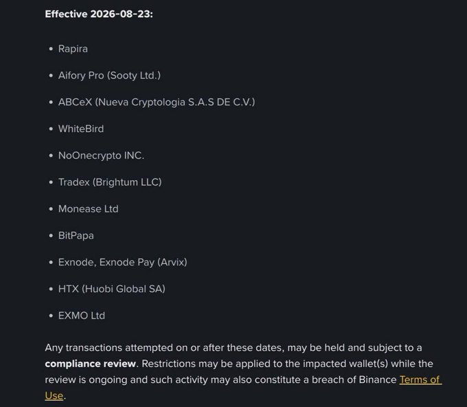 A text listing cryptocurrency platforms effective 2026-08-23, including Rapira, Aifory Pro, ABCeX, WhiteBird, NoOnecrypto, Tradex, Monease, BitPapa, Exnode, HTX, and EXMO Ltd, with a note about compliance reviews and Binance Terms of Use.