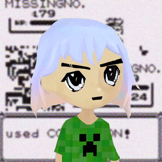 A 3D-rendered anime-style chibi character with light purple hair wearing a green checkered Creeper shirt from Minecraft stands in front of a MissingNo. Pokedex entry (#179).