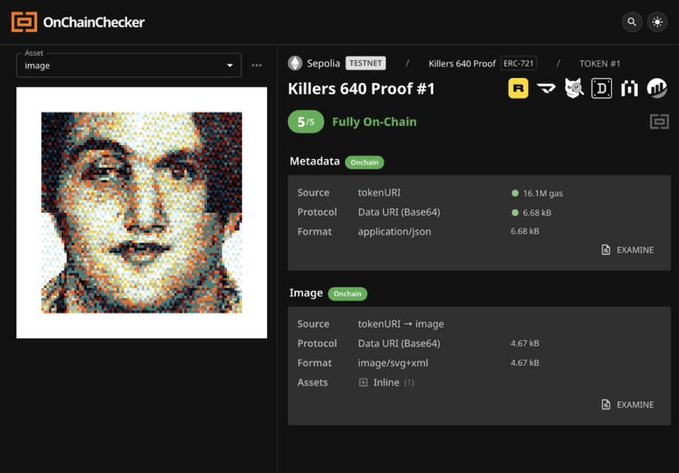 An OnChainChecker interface displaying a pixelated portrait NFT titled 'Killers 640 Proof #1' on the Sepolia testnet, marked as 'Fully On-Chain' with metadata and image data details.