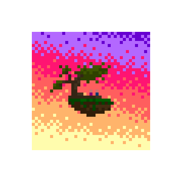 A small pixel art image depicting the dark silhouette of a bonsai tree against a gradient sunset background transitioning from purple at the top to yellow at the bottom.