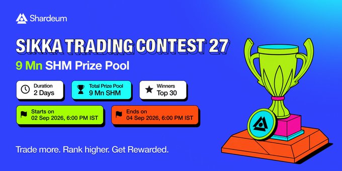 A promotional banner for 'SIKKA TRADING CONTEST 27' by Shardeum, featuring a 9 Million SHM prize pool over 2 days for the top 30 winners, with a trophy illustration.