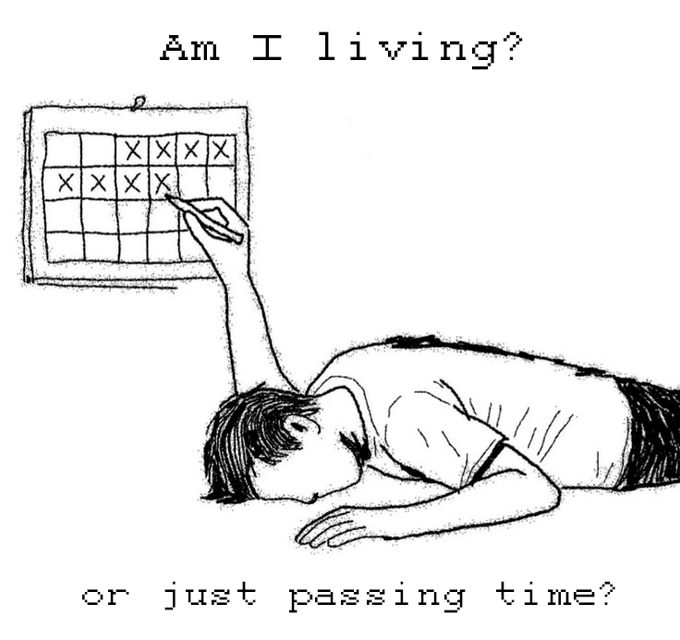 A person lies on the ground reaching up to mark an X on a calendar with text reading "Am I living? or just passing time?"—capturing the post's sentiment about finding meaning beyond merely waiting, with small daily updates (like Polymarket milestones) transforming passive existence into active participation in a space still being built.