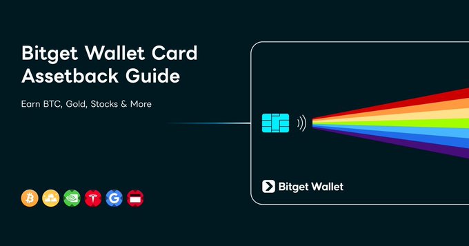 The image is a promotional banner for the "Bitget Wallet Card Assetback Guide," with the tagline "Earn BTC, Gold, Stocks & More." It features a credit card design with a rainbow light beam emanating from a chip, alongside icons for various assets including Bitcoin, Ethereum, Tether, USDC, and what appears to be a Singapore flag, reinforcing the launch of the Assetback feature that lets users earn crypto and other assets on their purchases.