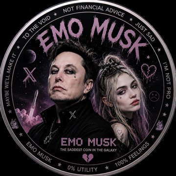 The image features a poster for an album called "Emo Coin". The poster includes two people, one male and one female, who are described as sad or emo-looking. They are standing next to each other with their arms around each other's shoulders. The background of the poster is black, which contrasts with the pink and purple colors used for the album cover design. The text on the poster includes phrases such as "to the void", "not financial advice", "just sad", "emo musk", and "the saddest coin in the galaxy".