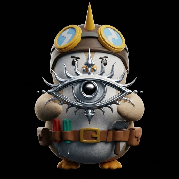 A 3D-rendered cartoon penguin character wearing a brown aviator cap with yellow goggles and a tool belt holding screwdrivers, featuring a large ornate metallic eye emblem on its chest.