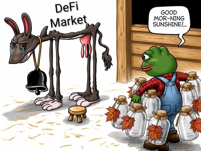 A satirical cartoon depicting the 'DeFi Market' as a dying, emaciated donkey wearing a bell, while a Pepe-style frog character greets 'GOOD MOR-NING SUNSHINE!' with empty jars scattered around.