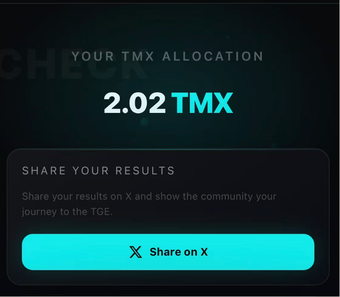 A dark dashboard showing 'YOUR TMX ALLOCATION' of '2.02 TMX' with a teal 'Share on X' button to share results on the social media platform.