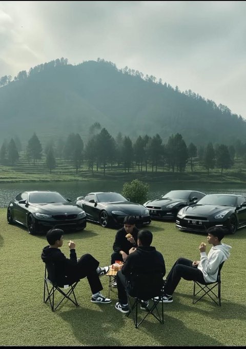 Four people sitting in camping chairs on grass with four black sports cars (including BMWs) parked behind them, with mountains in the background.
