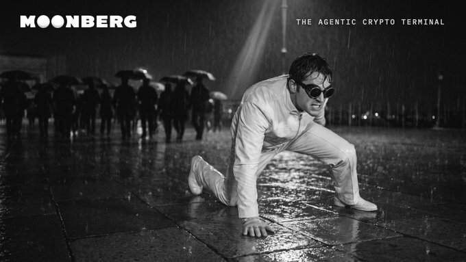 A man in a white suit kneels in the rain wearing sunglasses, with "MOONBERG" and "THE AGENTIC CRYPTO TERMINAL" displayed at the top, symbolizing a trader enduring a brutal red market week while searching for standout wallets. The image's rain-soaked scene mirrors the post's theme of weathering crypto losses like PUMP -19%, TRUMP -12%, and DOGE -9% to reveal which wallets perform under pressure.