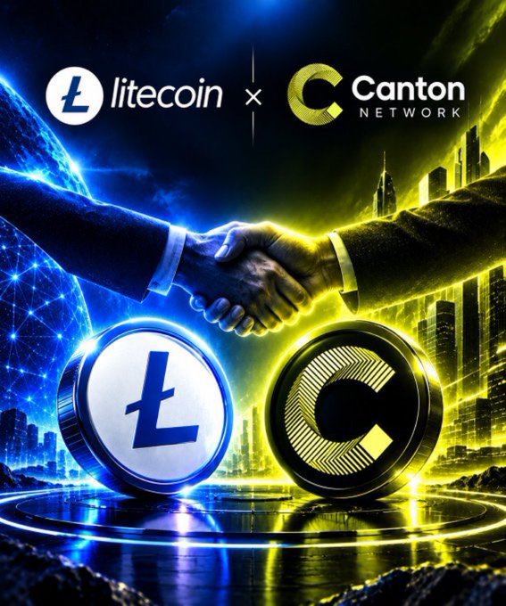 A promotional graphic announcing a partnership between Litecoin and Canton Network, showing a handshake, glowing cityscapes, and the logos and coins of both blockchain projects against a cosmic background.