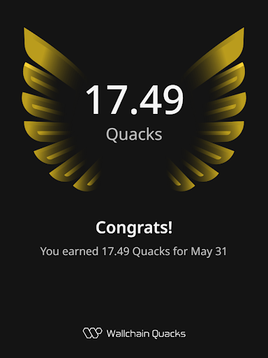 The image shows a wall chart with a yellow wing design, which represents a high score or achievement related to Quacks. The title at the top reads "@wallchain Quacks" and the bottom features an encouraging message about a record-breaking feat of 17.49 Quacks for May 31.