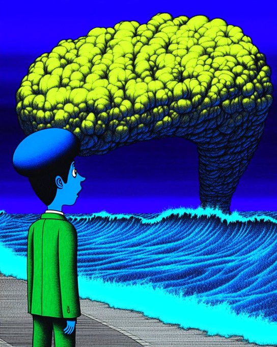 A surreal illustration showing a blue-skinned person in a green suit looking out at a massive, towering wave of blue water with a large green brain-like structure emerging from it against a dark purple sky.