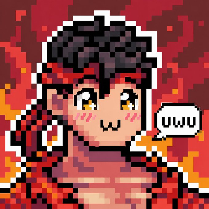 A pixel art illustration shows a smiling character with dark hair blushing in a red fiery background, with a speech bubble reading "uwu".