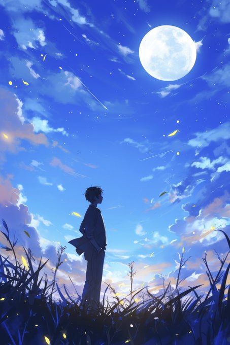 An anime-style illustration of a person standing in a grassy field, looking up at a large full moon in a starry blue night sky with clouds.