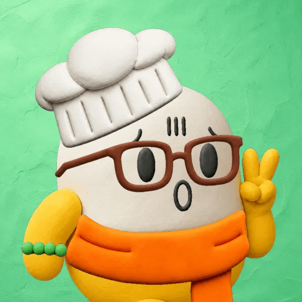 A claymation chef egg character wearing glasses and an orange scarf flashes a peace sign against a green background, symbolizing the celebratory mood of crypto trading success as referenced in the post about turning $3k into $2.2M on $MEME.