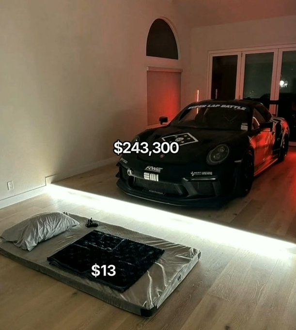 The image shows a stark contrast in a garage setting: a luxury sports car (appears to be a Porsche with "LAP BATTLE" windshield text) is labeled "$243,300" while a thin mattress on the floor with a pillow is labeled "$13," humorously illustrating "The dream" of prioritizing a flashy supercar over basic living comforts.