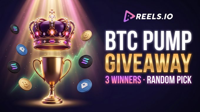 A promotional graphic for 'REELS.IO' featuring a golden trophy and crown with cryptocurrency coins, advertising a 'BTC PUMP GIVEAWAY' with '3 WINNERS · RANDOM PICK'.