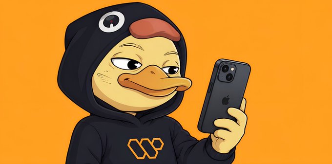 In the image, a duck wearing a hood and standing near the bottom of the frame is holding an iPhone up next to its face with one eye closed and a smile on its beak. The background features vibrant orange lines against a dark gray background, creating a striking visual contrast that draws attention to the duck in the foreground.