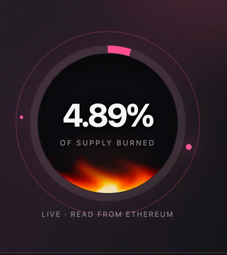 A dark circular gauge graphic displays '4.89% OF SUPPLY BURNED' with 'LIVE - READ FROM ETHEREUM' text below flames.