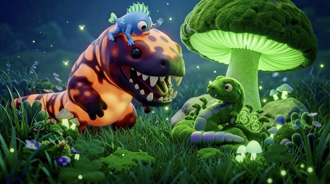 A vibrant 3D-rendered fantasy scene showing a small blue creature riding a colorful spotted dinosaur-like figure, while a green frog-like character sits beside a glowing green mushroom in a magical, glowing forest.