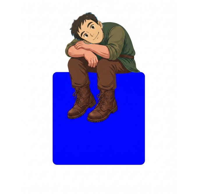 An illustrated young man with dark hair, wearing a green tunic and brown boots, sitting on a blue block with his arms crossed over his knees.